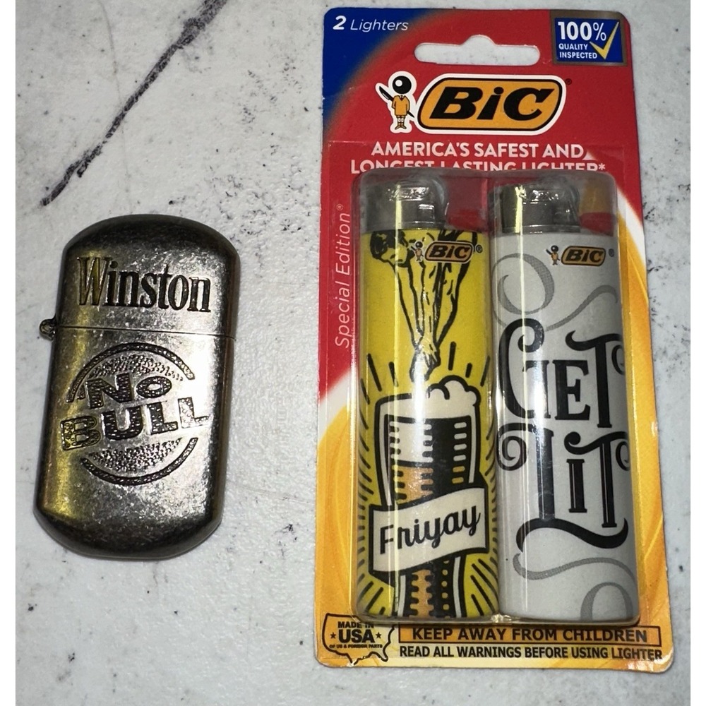 Vintage 3 Lighter Lot BIC Winston No Bull
